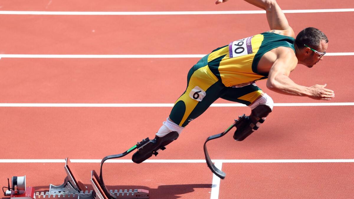 Oscar Pistorius competes in the men's 400-meter heats at the London 2012 Olympic Games.