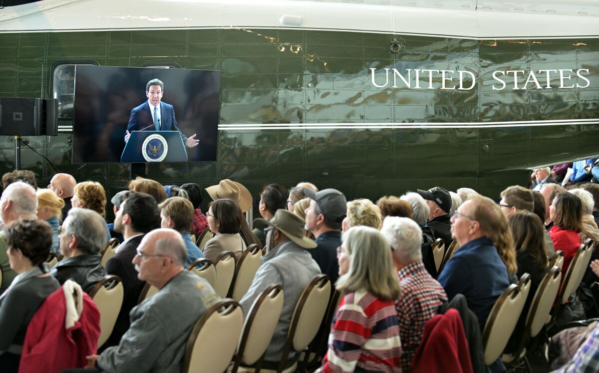 Florida Gov. Ron DeSantis speaks Sunday at the Ronald Reagan Presidential Library in Simi Valley.