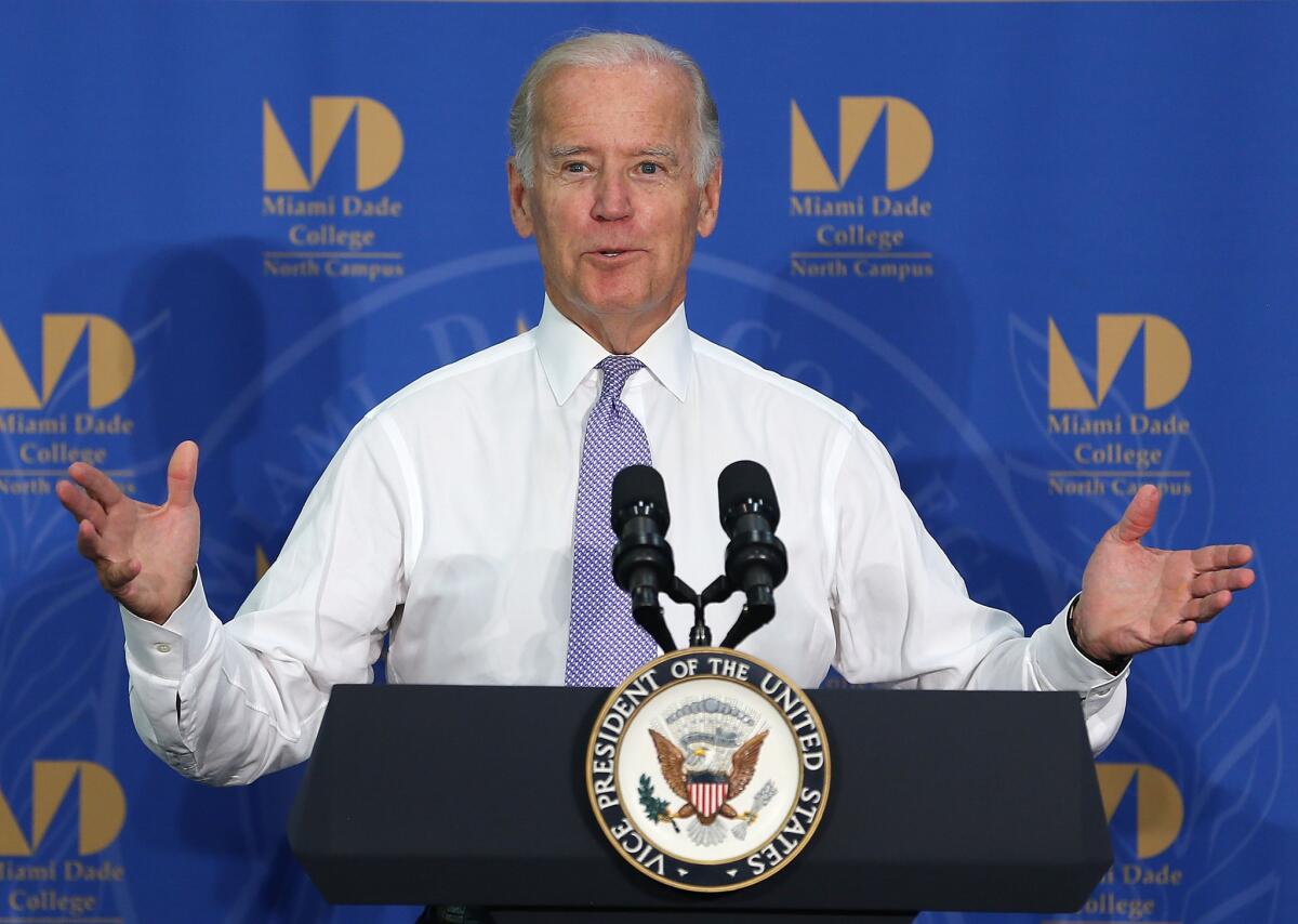 MIAMI, FL - SEPTEMBER 02: U.S. Vice President Joe Biden speaks at the Miami Dade College on the importance of helping more Americans go to college September 2, 2015 in Miami, Florida. Biden spoke about the critical role that partnerships between community colleges and employers play in helping Americans obtain the skills they need to succeed in the workforce. (Photo by Joe Raedle/Getty Images) ** OUTS - ELSENT, FPG - OUTS * NM, PH, VA if sourced by CT, LA or MoD **