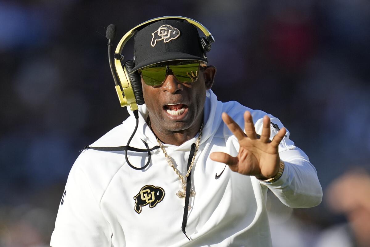 Colorado coach Deion Sanders shouts at an official during a game against Arizona State on Oct. 7.