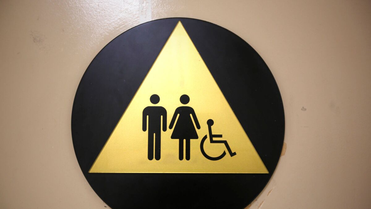 A gender-neutral bathroom is seen at Santee High School in Los Angeles.