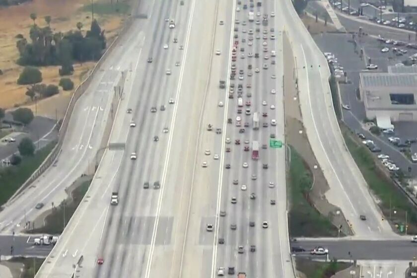 Aerial view of the 91 Freeway looking west from Auto Center Drive in Corona 