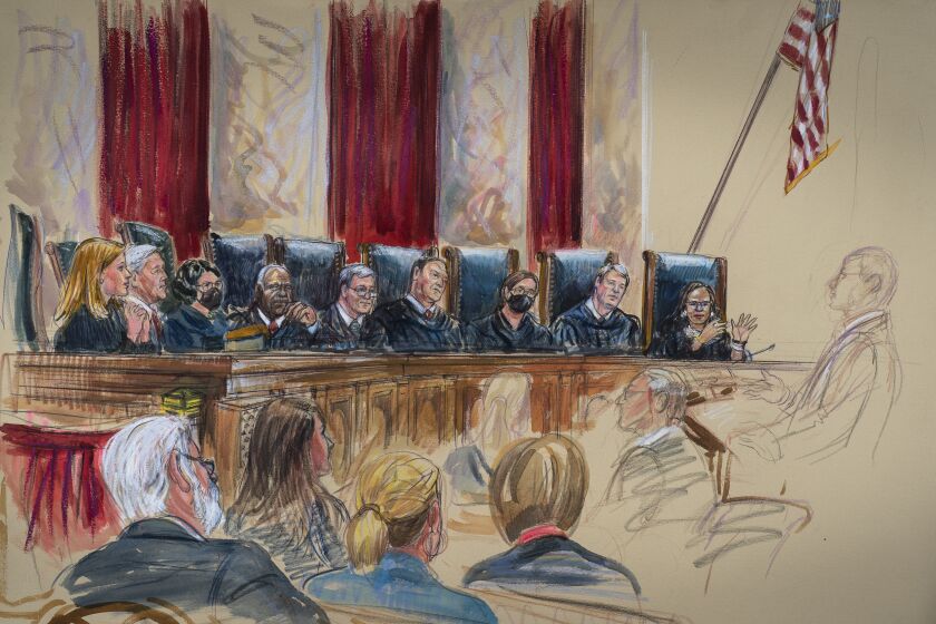 In this drawing by court artist Dana Verkouteren, the Supreme Court, joined by new Justice Ketanji Brown Jackson, the court's first Black female justice, hears arguments on the opening day of its new term, in Washington, Monday, Oct. 3, 2022. From left are: Associate Justice Amy Coney Barrett, Associate Justice Neil Gorsuch, Associate Justice Sonia Sotomayor, Associate Justice Clarence Thomas, Chief Justice John Roberts, Associate Justice Samuel Alito, Associate Justice Elena Kagan, Associate Justice Brett Kavanaugh, and Associate Justice Ketanji Brown Jackson. (Dana Verkouteren via AP)