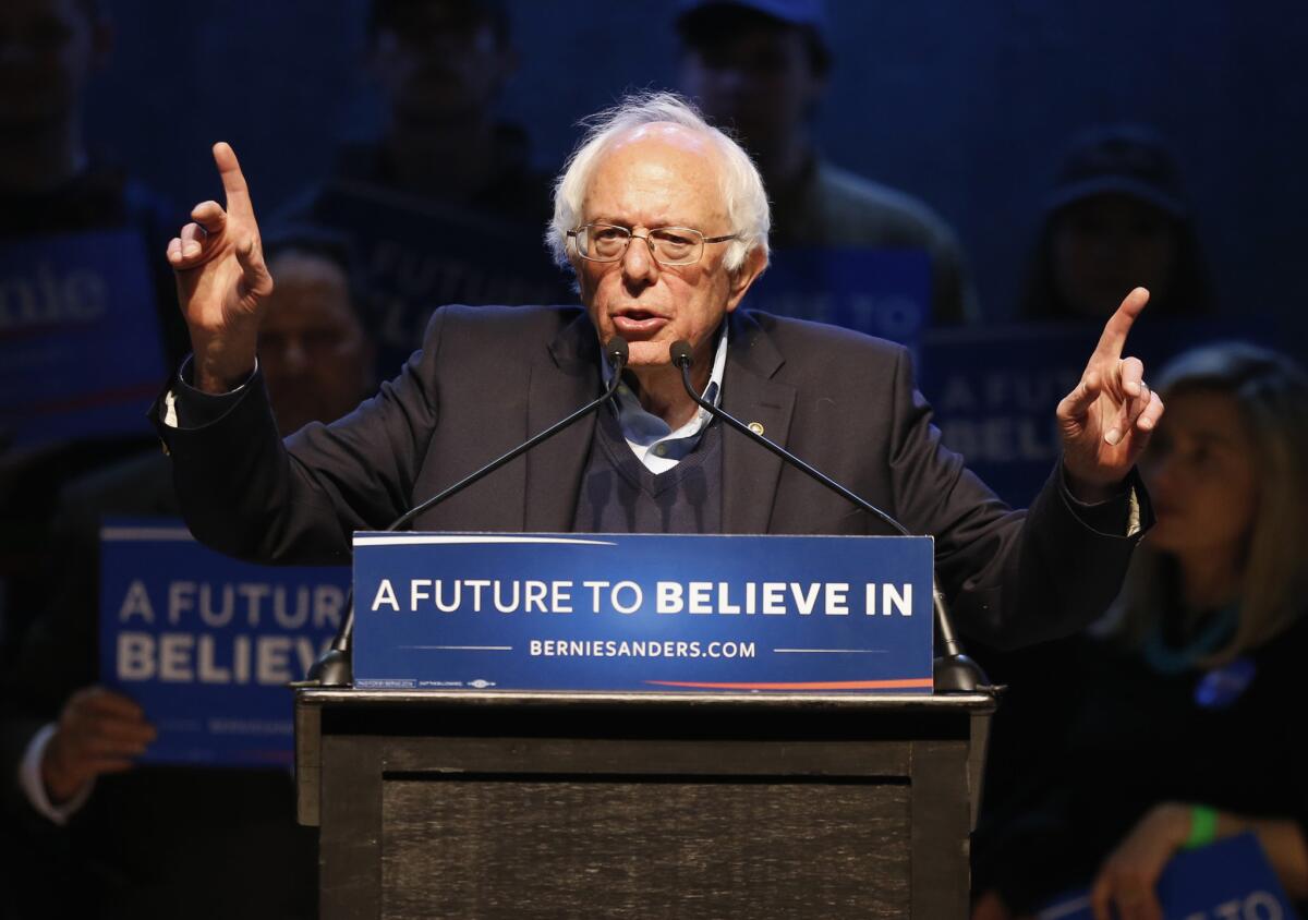 Sen. Bernie Sanders speaks at a campaign stop Wednesday in Portland, Maine.