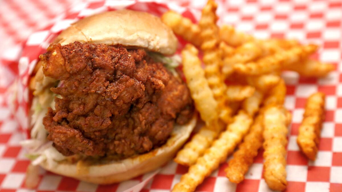 A hot chicken sandwich from Howlin' Ray's in the Far East Plaza in Chinatown.