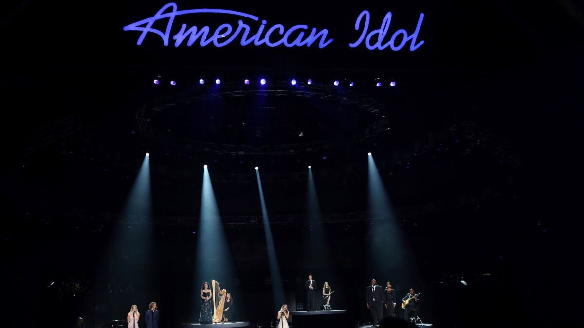 The "American Idol" series finale in 2016 with appearances by, from left, Katharine McPhee, Casey James, Carly Smithson, Jessica Sanchez, Clay Aiken, Ruben Studdard and Amber Holcomb.
