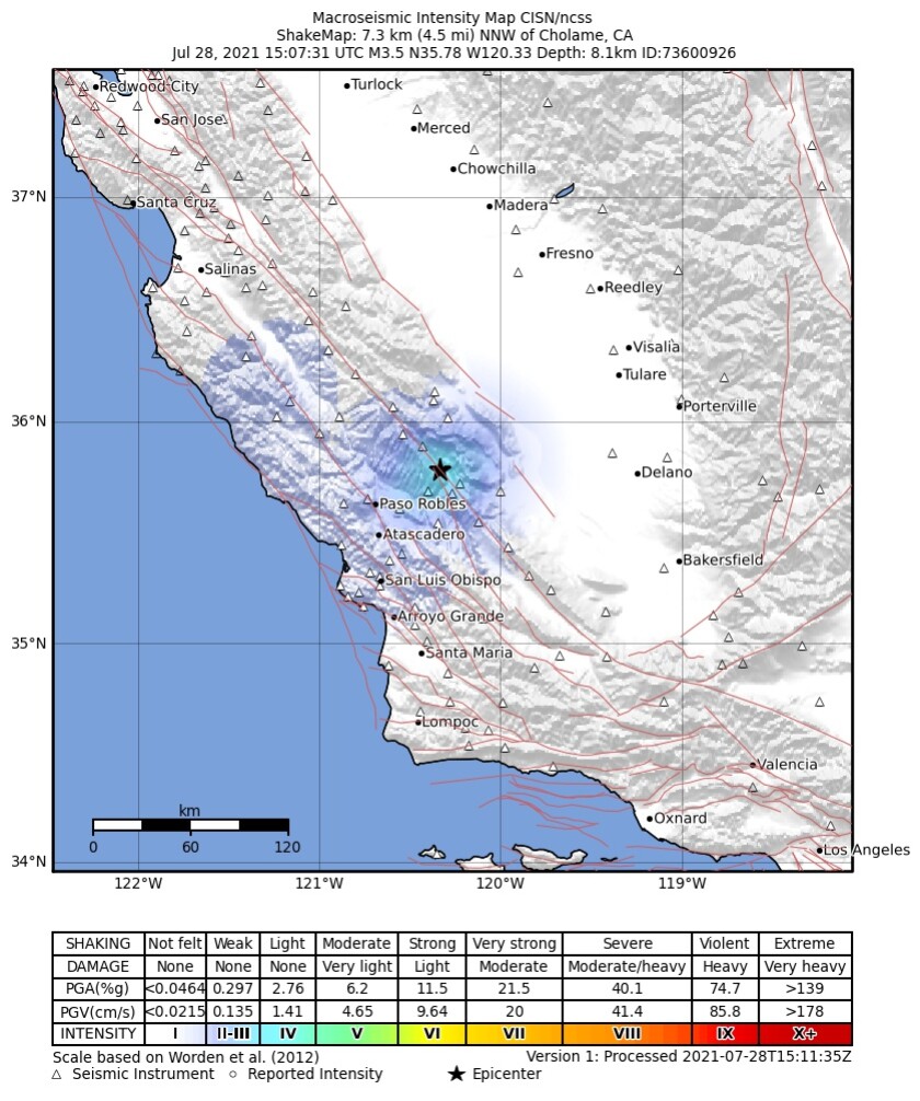 California earthquake 3.5 quake near Paso Robles Los Angeles Times