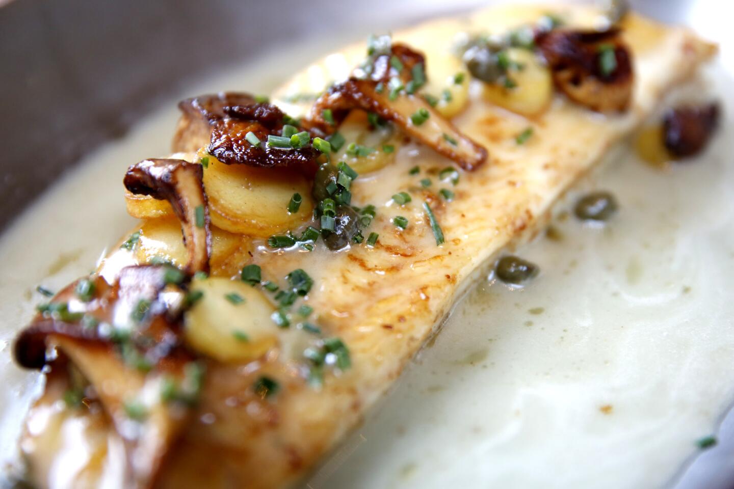 Dover Sole; fingering potatoes, Chanterelle mushrooms, sauce Piccata, at Georgie, at the Montage Hotel.