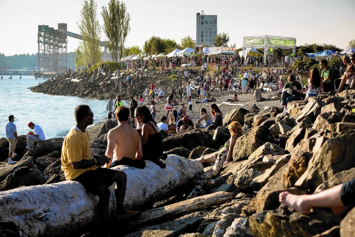 Thousands cluster on the beach last July to smoke and relax on the final day of Hempfest, Seattle's annual gathering to advocate the decriminalization of marijuana.
