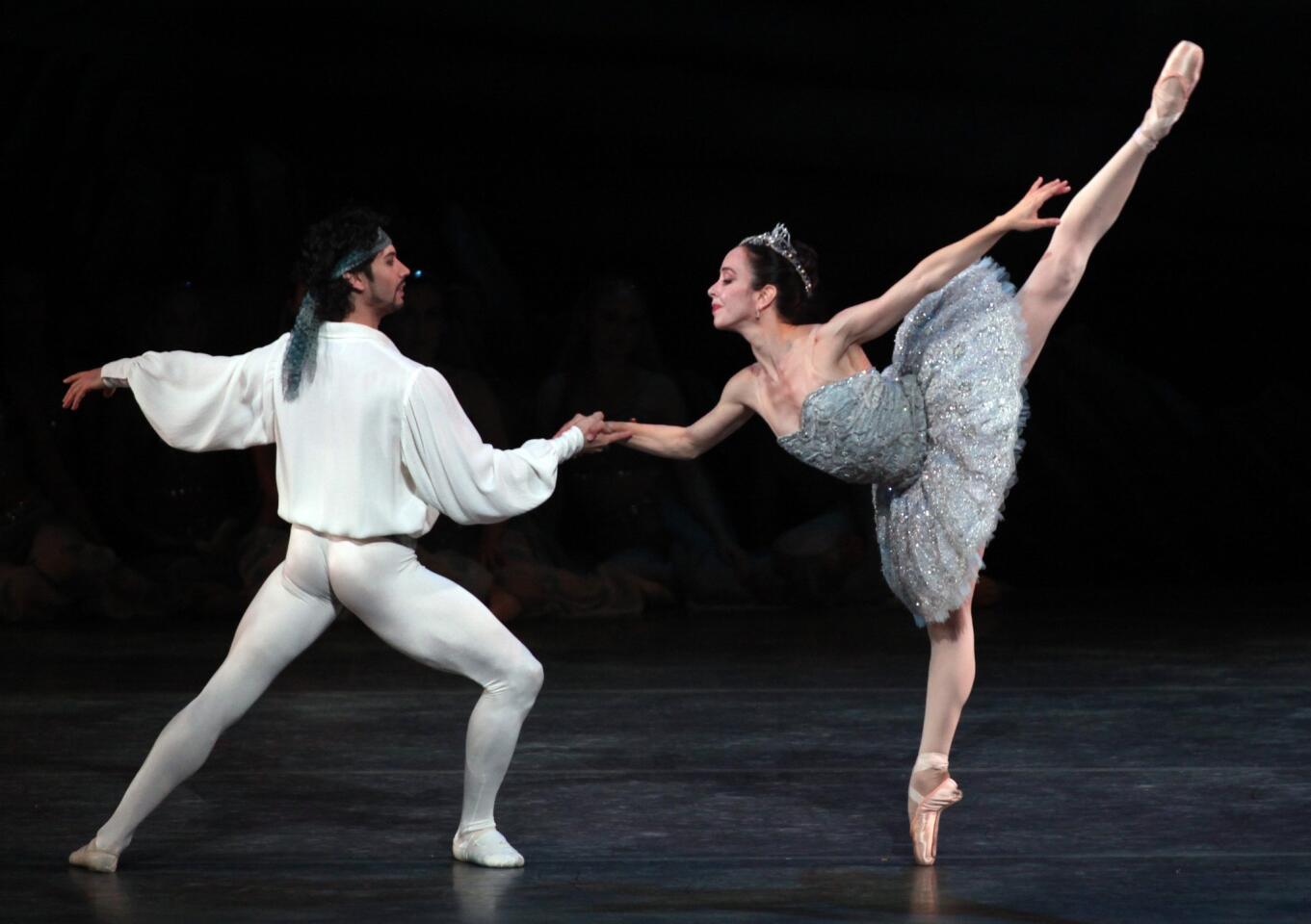Herman Cornejo plays Conrad and Xiomara Reyes is slave girl Medora, his love interest, in the American Ballet Theatre's production of "Le Corsaire," performed Friday night at the Dorothy Chandler Pavilion.