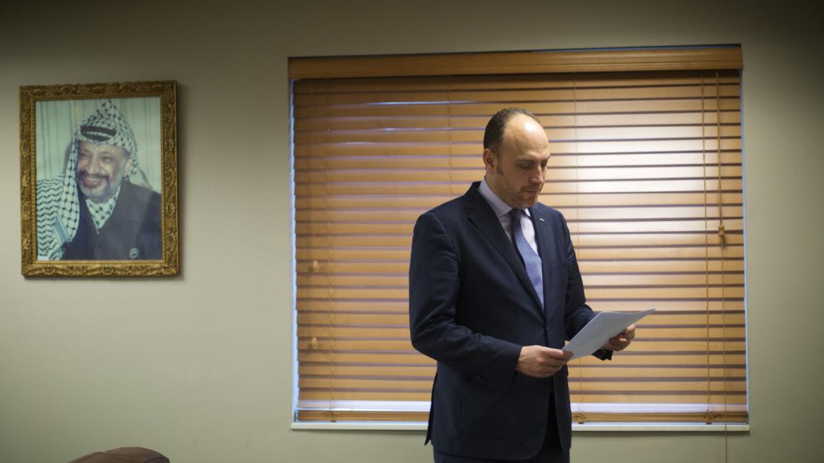 Husam Zomlot, the Palestinian envoy to Washington, in the D.C. office of the Palestine Liberation Organization in February.