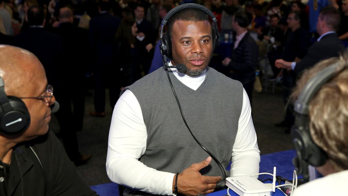 Ken Griffey Jr. does an interview for SiriusXM before the Super Bowl.