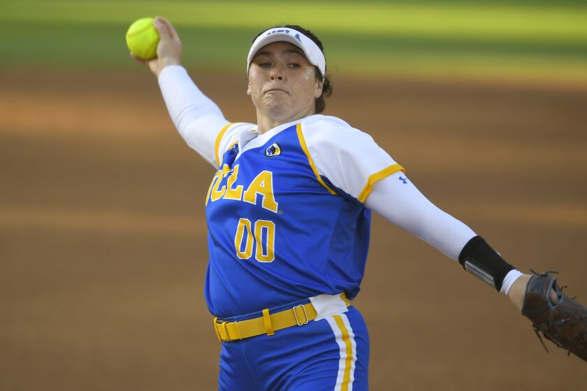 UCLA starting pitcher Rachel Garcia #0 during an NCAA softball game on Thursday, May 27, 2021, in Los Angeles. (AP Photo/John McCoy)