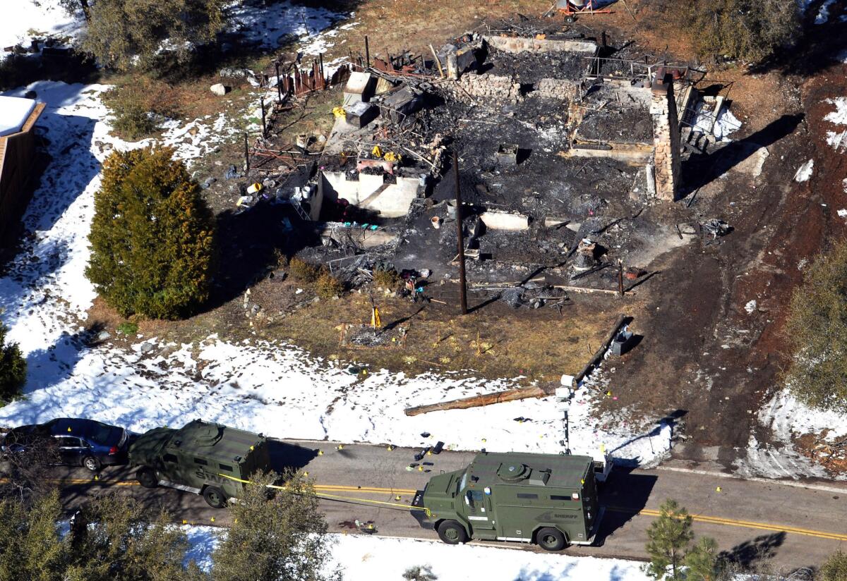 An aerial view of a burned-out cabin where accused murder suspect Christopher Dorner died after barricading himself inside.
