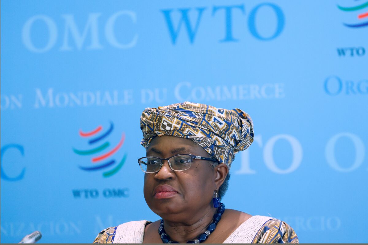 FILE - In this April 1, 2021 file picture, World Trade Organisation (WTO) Director-General Ngozi Okonjo-Iweala attends a news conference at WTO headquarters in Geneva, Switzerland. Ngozi Okonjo-Iweala has been named the keynote speaker at the Massachusetts Institute of Technology’s commencement. The school announced Thursday, Feb. 17, 2022, that the Nigerian economist and MIT alumna will address graduates at a ceremony on May 27. (Denis Balibouse/Pool via AP)