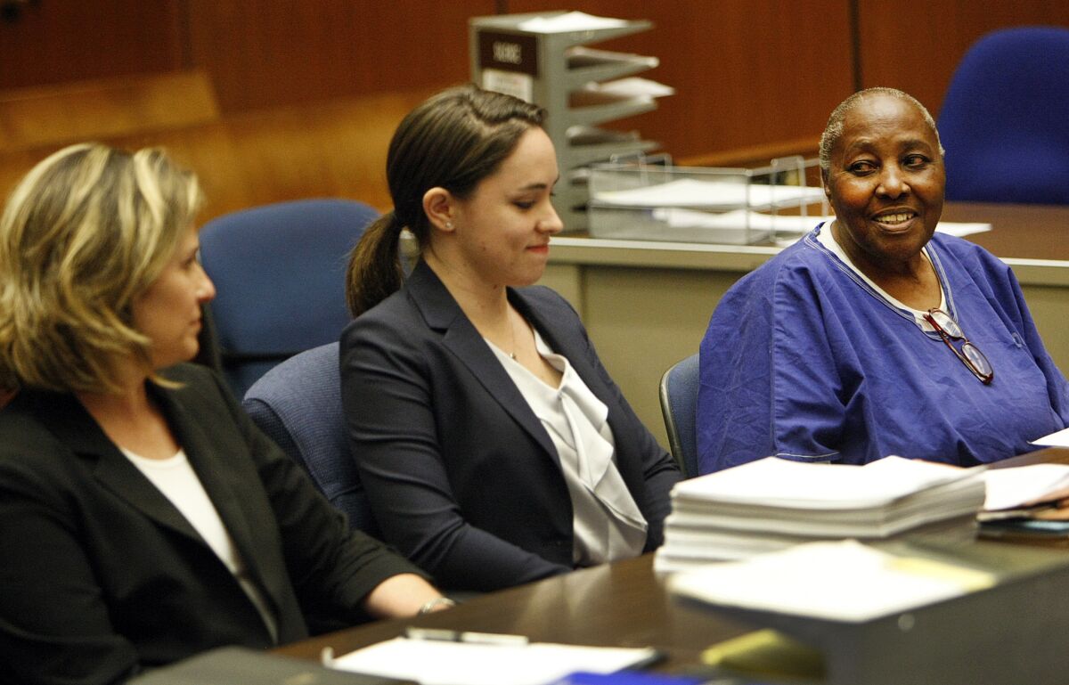 Mary Virginia Jones, right, appears in Los Angeles County Superior Court Monday to plead no contest to voluntary manslaughter with Laura Donaldson, middle, a USC certified law student, and attorney Heidi Rummel, left, a director in USC's Post-Conviction Justice Project.