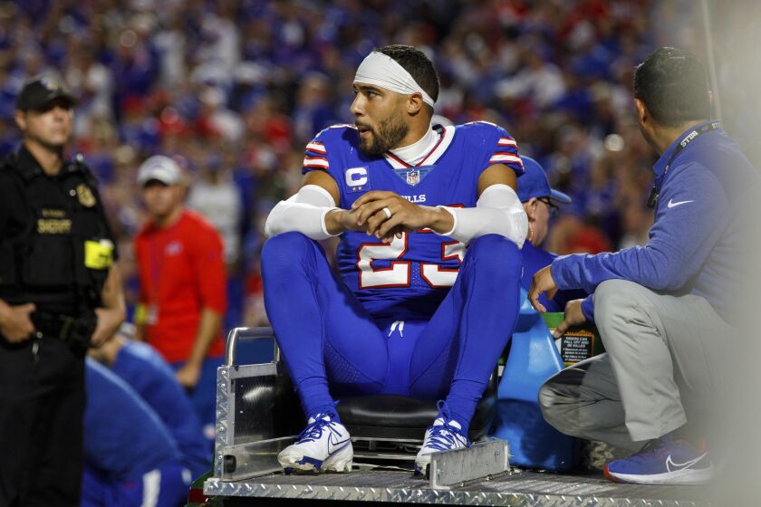 FILE - Buffalo Bills safety Micah Hyde (23) is carted off the field during an NFL football game on Sept. 19, 2022, in Orchard Park, NY. The agent for Hyde announced Saturday, Sept. 24, 2022, that the team plans to place the starter on season-ending injured reserve because of a neck injury. (AP Photo/Matt Durisko, File)