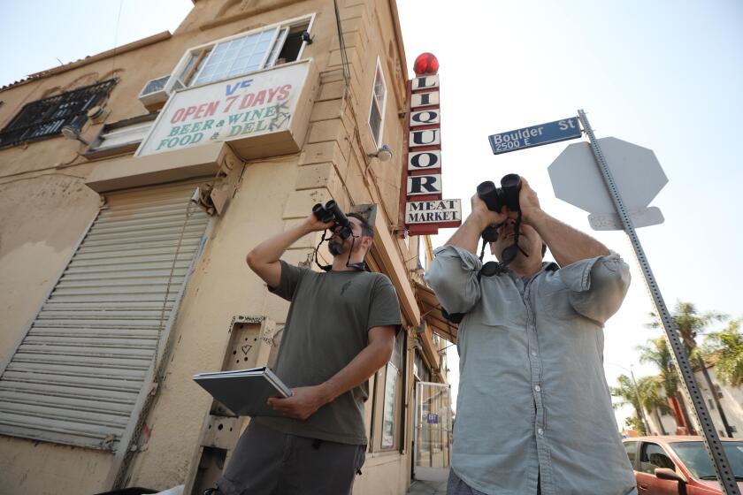 LOS ANGELES, CA - SEPTEMBER 26, 2023 - On a recent afternoon in Boyle Heights, Christian Benitez, left and Eric Wood stood outside a liquor store on a residential corner searching for birds on Sept. 26, 2023. (Genaro Molina / Los Angeles Times)