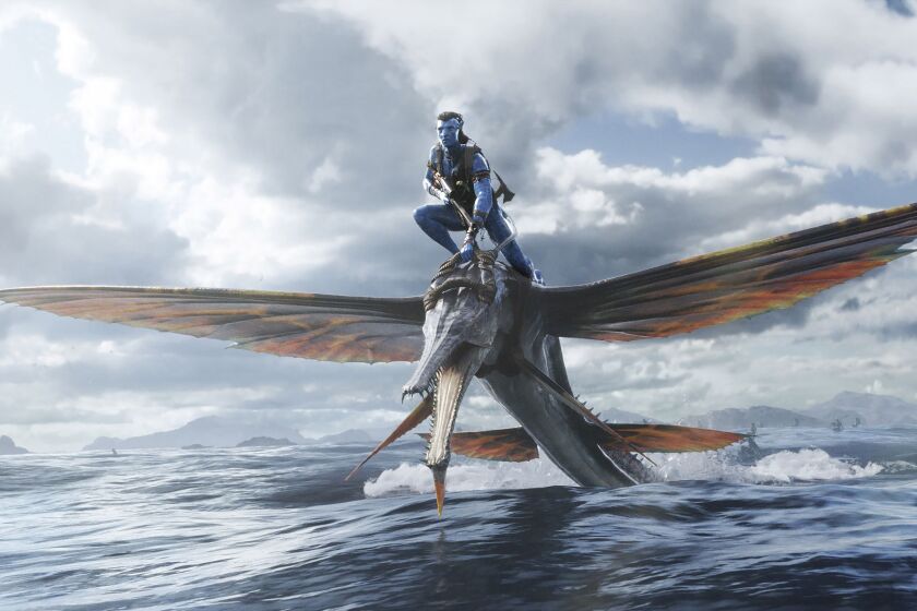 A computer-generated blue man riding a computer-generated winged animal over a body of water