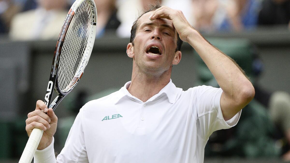 Radek Stepanek reacts during his second-round loss to Novak Djokovic at Wimbledon on Wednesday.