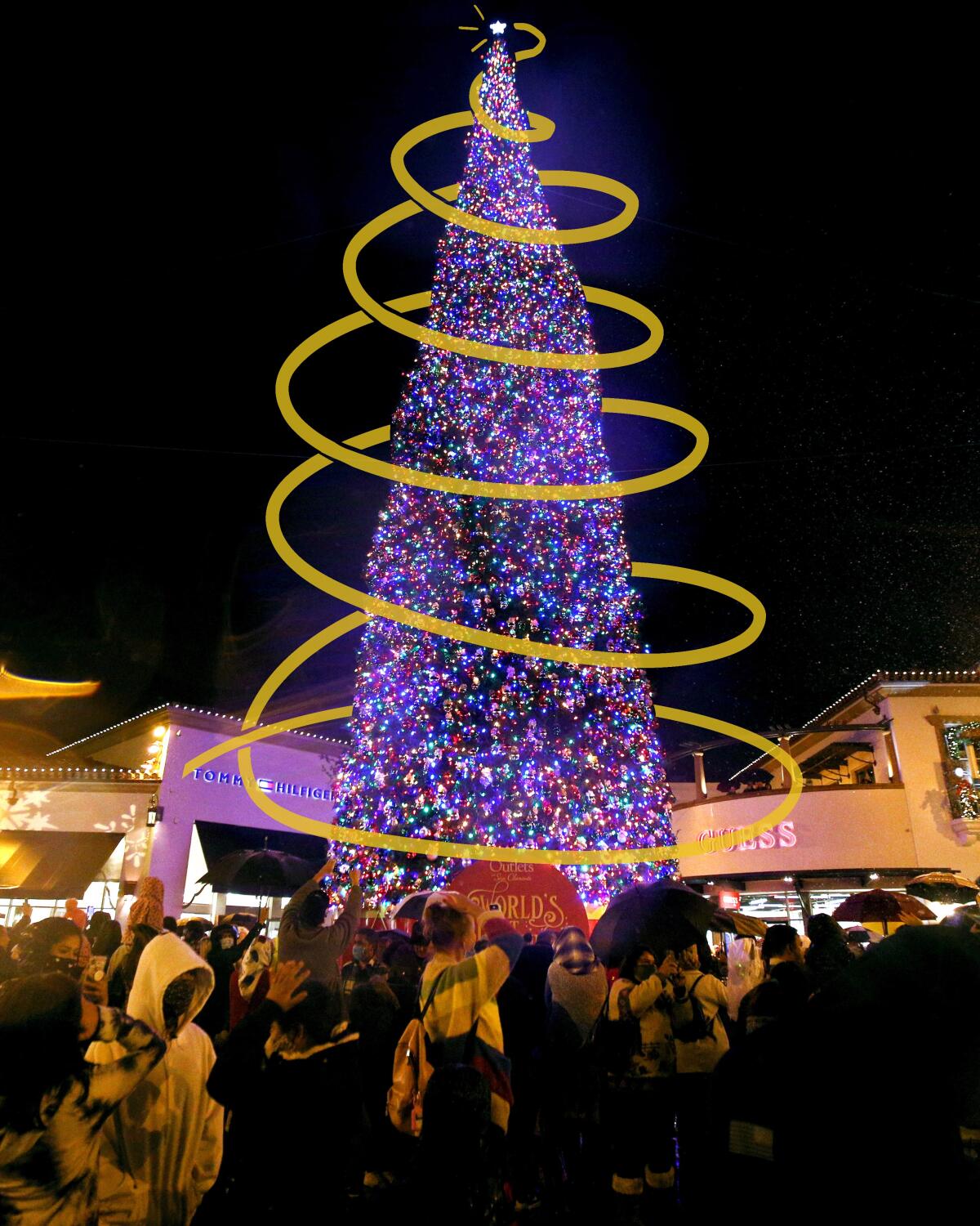 The 125-foot-tall lighted Christmas tree on display at the Outlets at San Clemente.