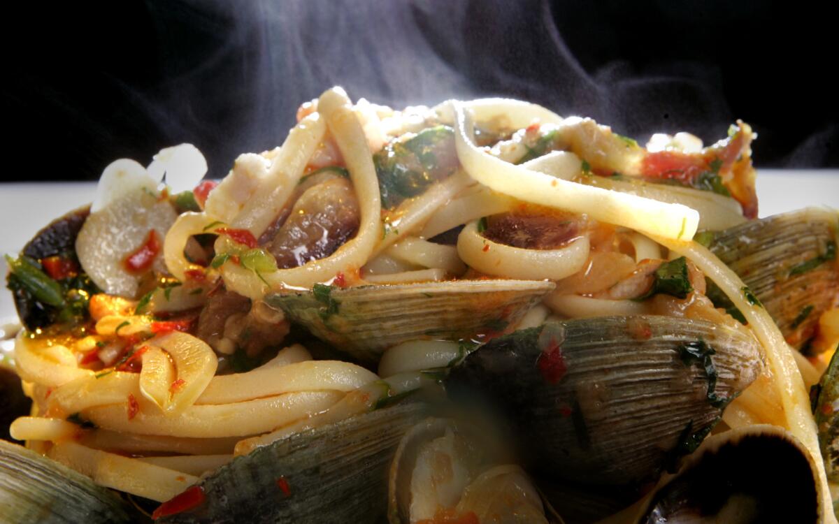 Linguine with clams, pancetta and chiles