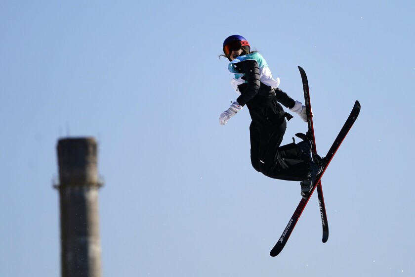Eileen Gu, of China, competes during the women's freestyle skiing big air finals of the 2022 Winter Olympics, Tuesday, Feb. 8, 2022, in Beijing. (AP Photo/Matt Slocum)