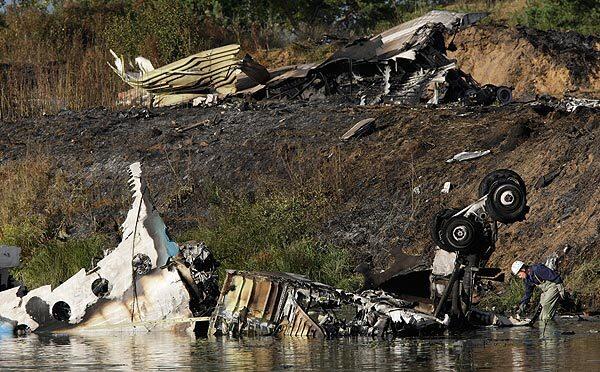 Wreckage of the Russian Yak-42 jet that carried an ice hockey team lies near the city of Yaroslav, on the Volga River northeast of Moscow.