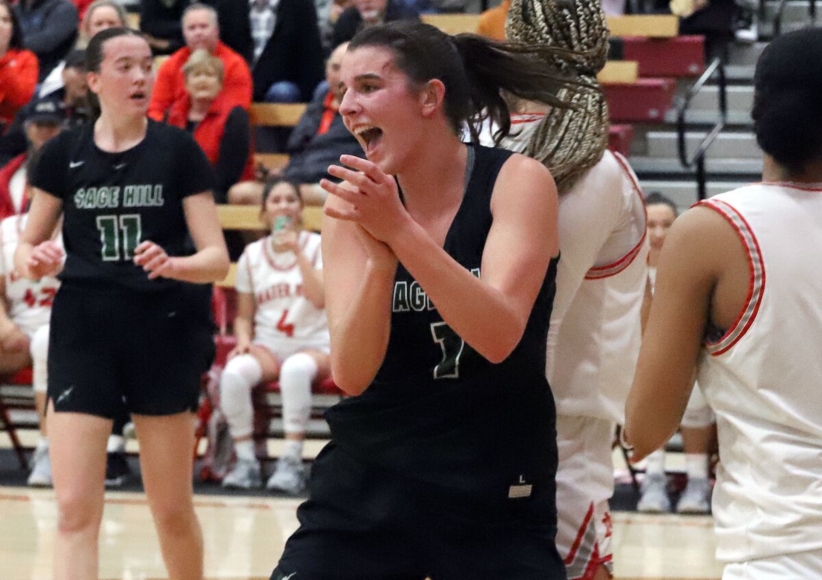 Sage Hill's Emily Eadie (1) cheers after a basket against Mater Dei on Wednesday, March 1.