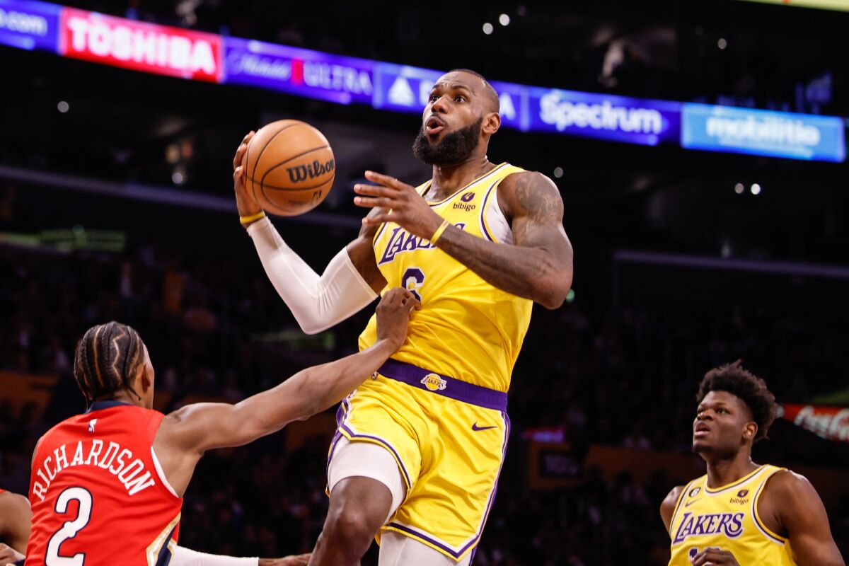 Lakers star LeBron James puts up a shot against the New Orleans Pelicans on Feb. 15.