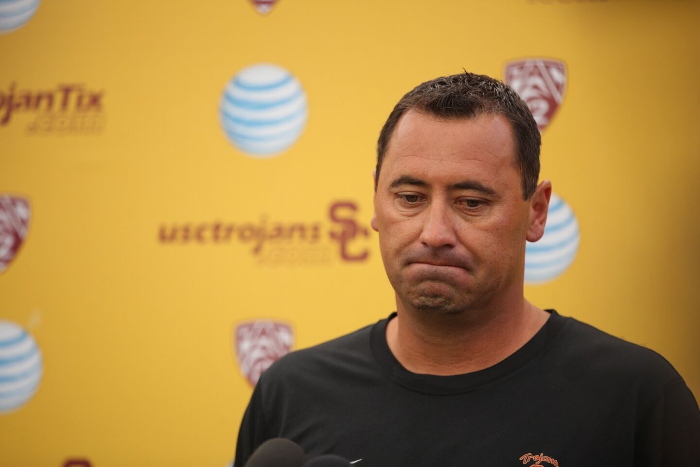 USC football Coach Steve Sarkisian addresses the media on Aug. 25, 2015, about his behavior and language during a booster event on campus days earlier