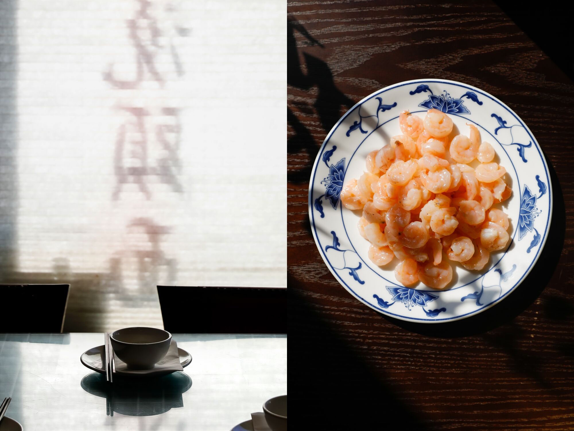 A table setting at WangJia restaurant, left, their stir fry shrimp, right.