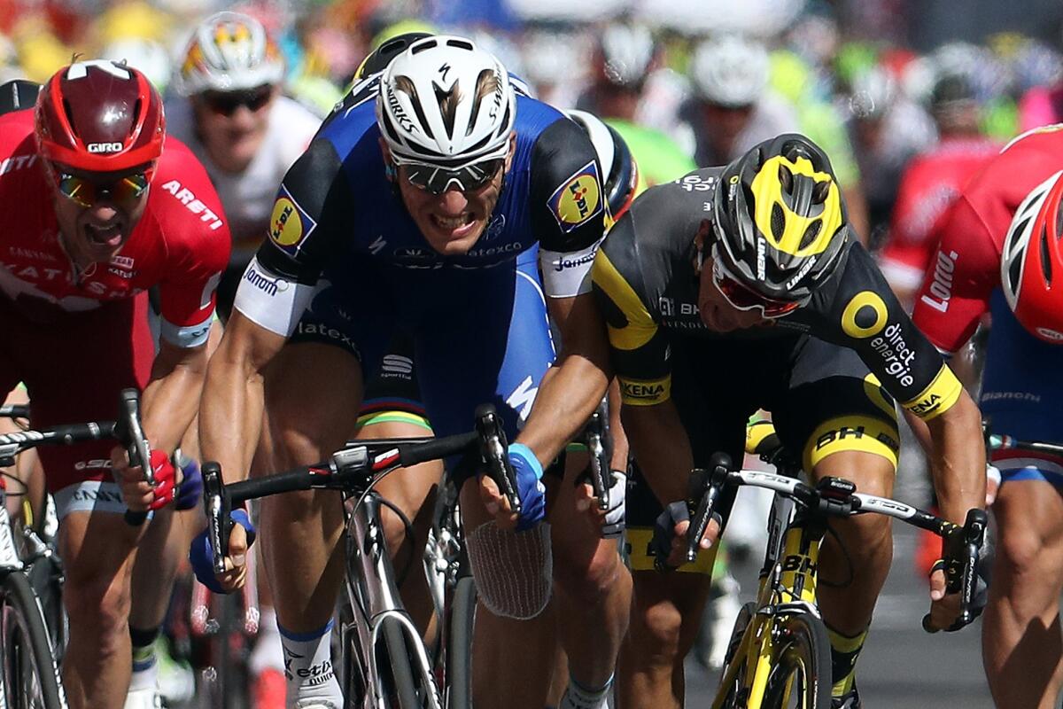 Marcel Kittel riding for Etixx-Quick Step wins just ahead of Direct Energie rider Bryan Coquard during Stage 4 of the 2016 Le Tour de France.