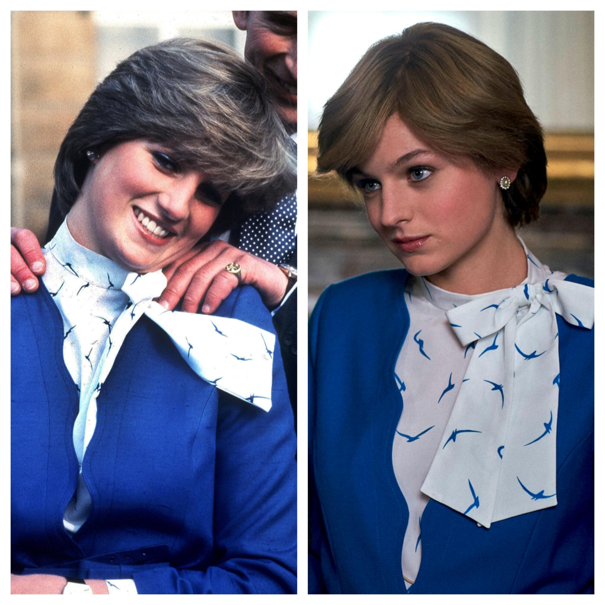 A side-by-side comparison of Diana, Princess of Wales, with actress Emma Corrin 
