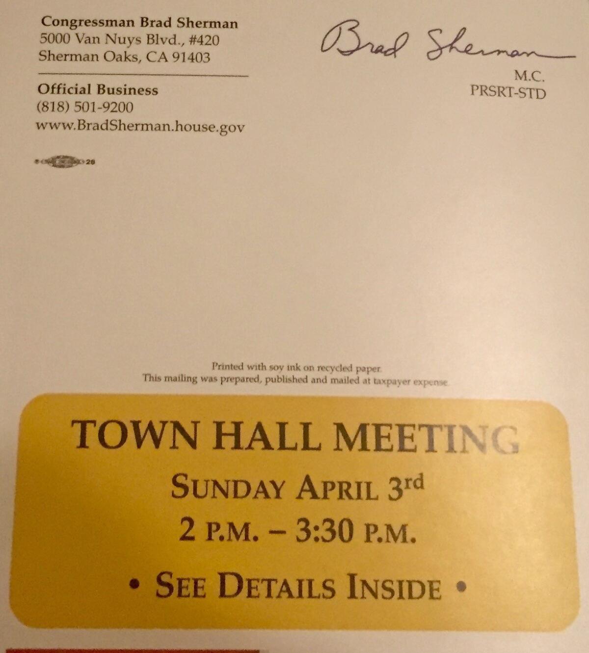 The signature in lieu of a stamp is shown on the back of a Porter Ranch gas leak brochure sent out by Rep. Brad Sherman.