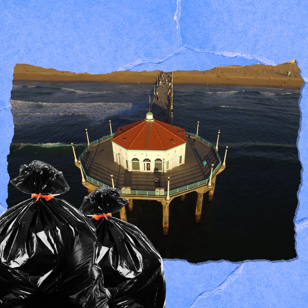 A round building on a pier; in the foreground are trash bags.