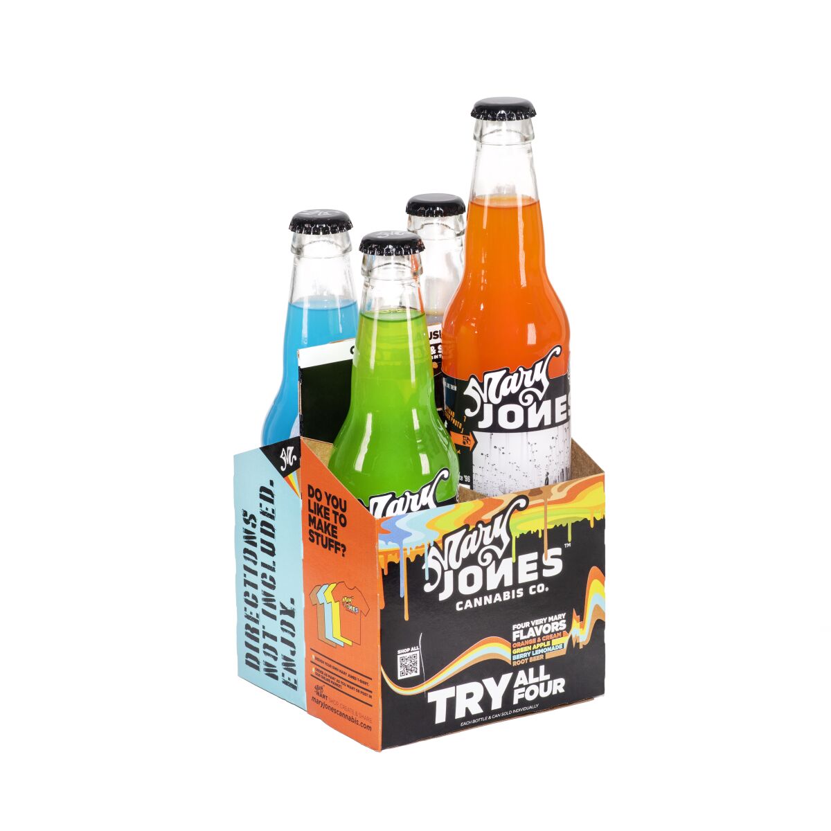 A four-pack of brightly colored soda-like bottles.