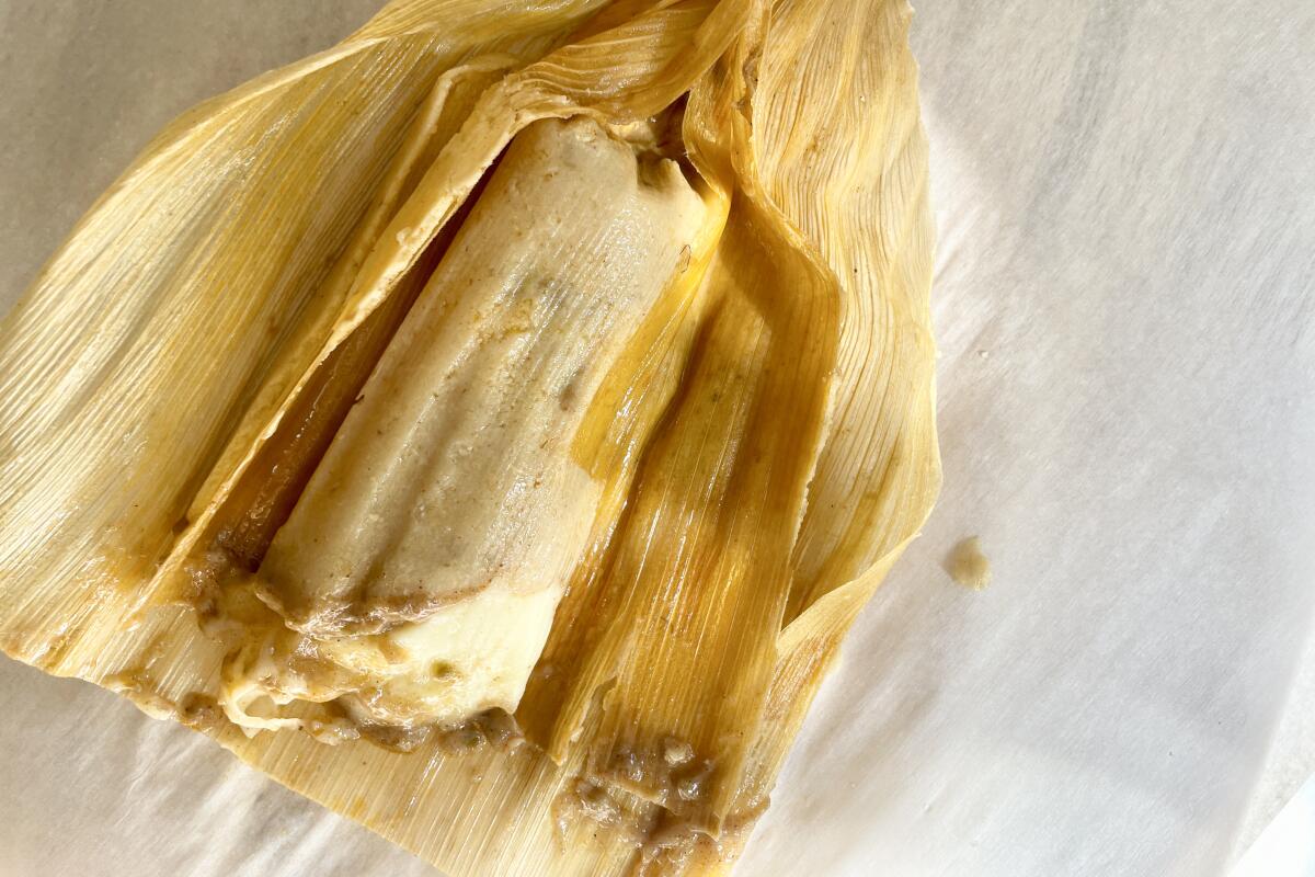 Green chile and cheese tamale from Sandra's Tamales.