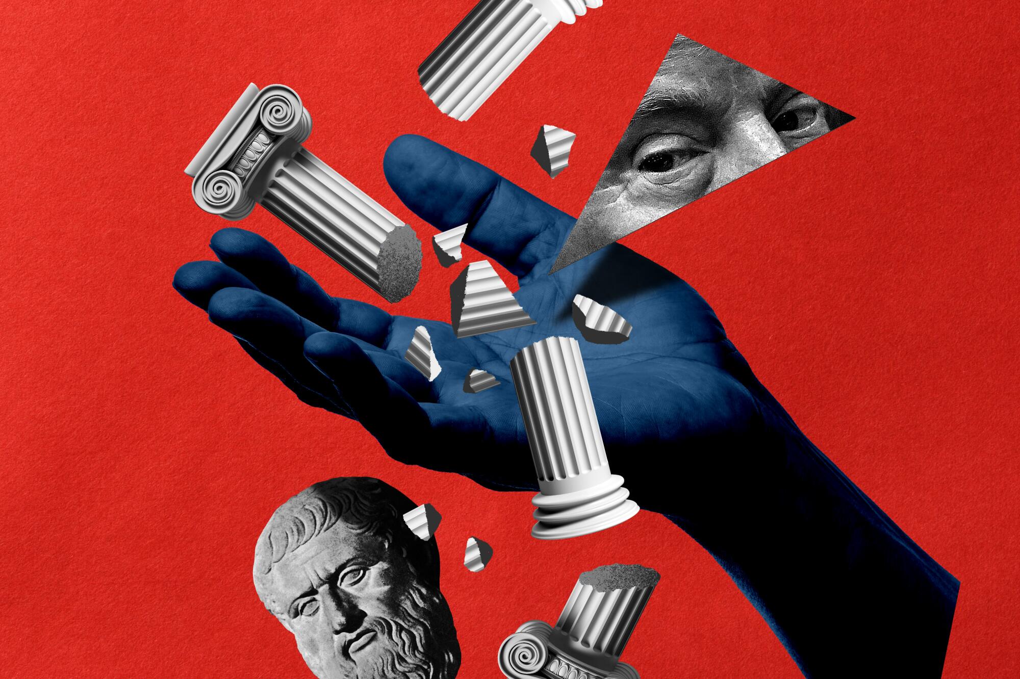 Illustration of a hand with broken Greek columns, bust of Plato, and Donald Trump's eyes