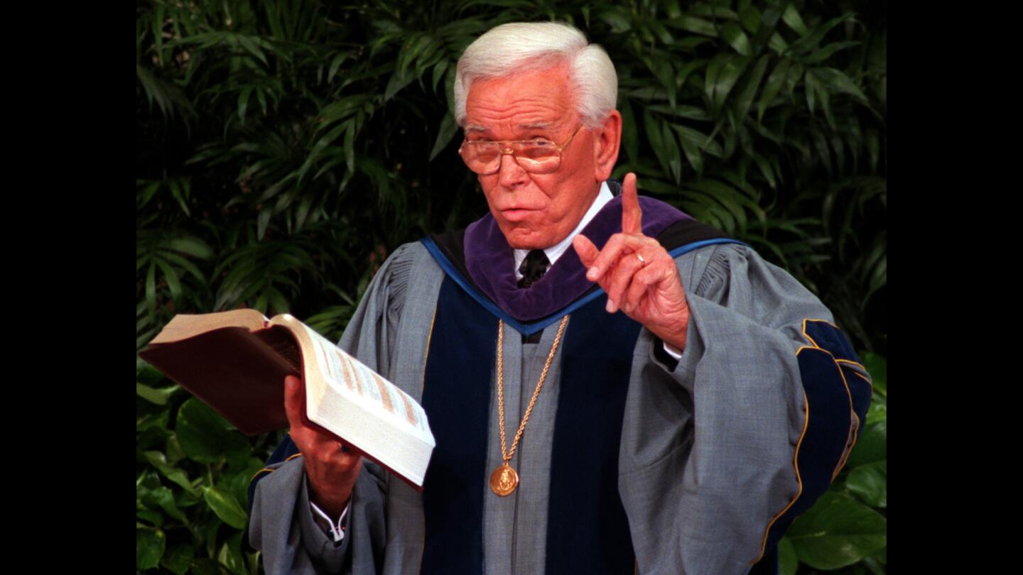 The Rev. Robert H. Schuller preaches at the Crystal Cathedral in 1997.