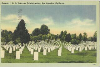 White headstones form long rows in an expansive lawn on a vintage postcard.