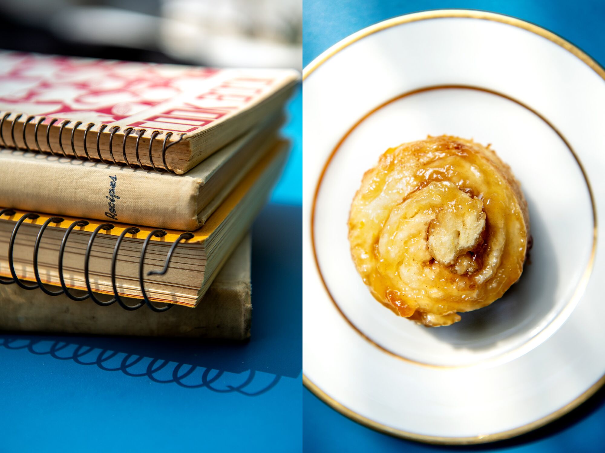 Two images side by side, of a stack of cookbooks, left, and an orange biscuit on a plate, right.