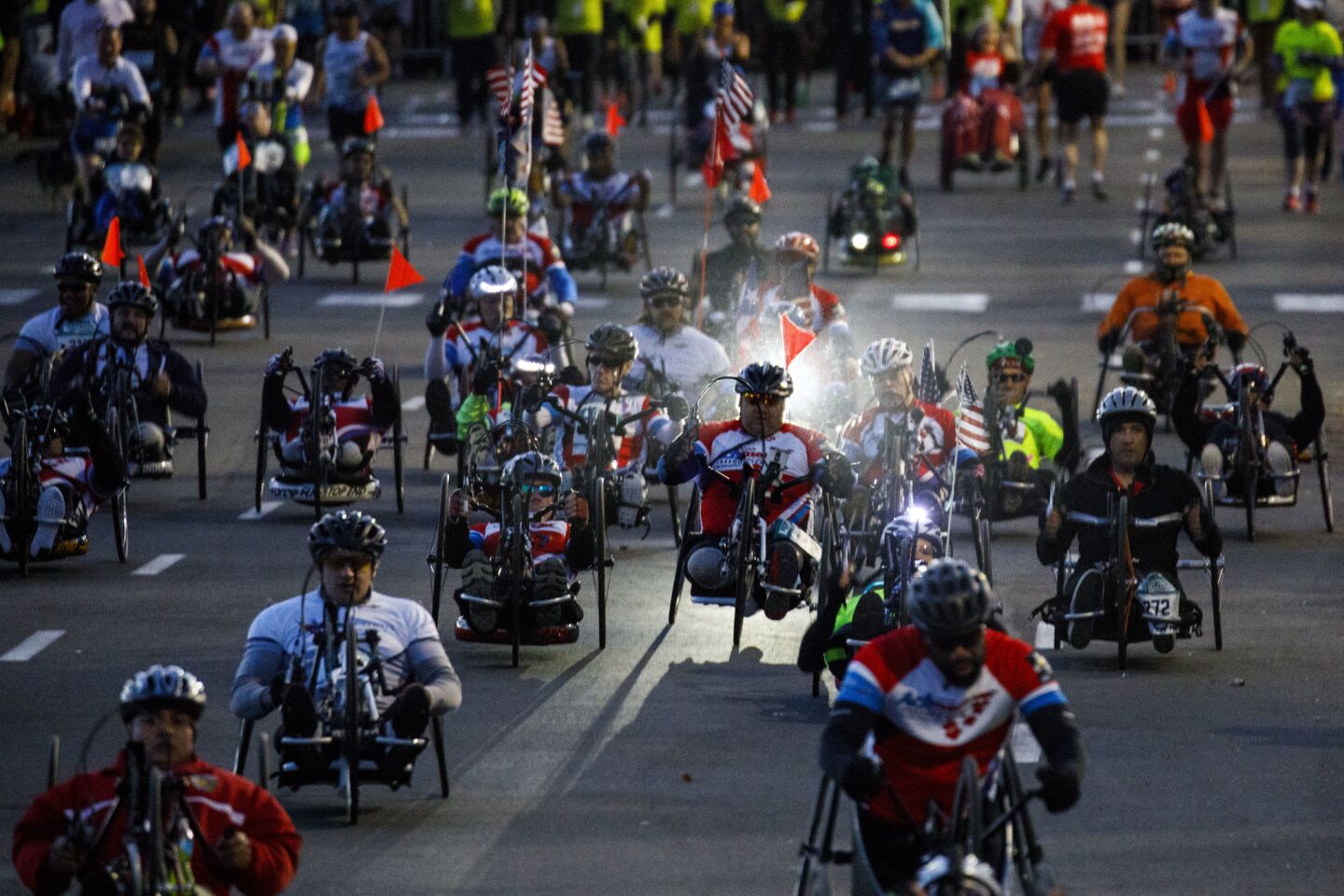 The hand-cycle racers begin their portion of the L.A. Marathon at Dodger Stadium on March 18.