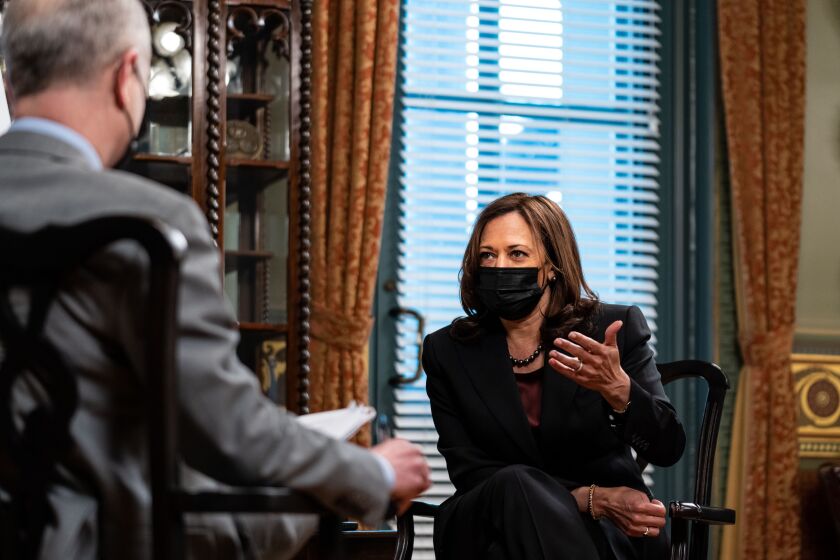 WASHINGTON, DC - DECEMBER 17: Vice President Kamala Harris speaks during an interview with The Los Angeles Times in her ceremonial office in the Eisenhower Executive Office Building on the White House Complex on Friday, Dec. 17, 2021 in Washington, DC. (Kent Nishimura / Los Angeles Times)