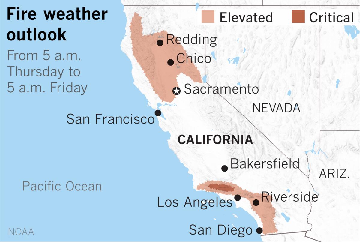Map shows elevated fire danger in wide swaths of Northern and Southern California on Thursday and Friday