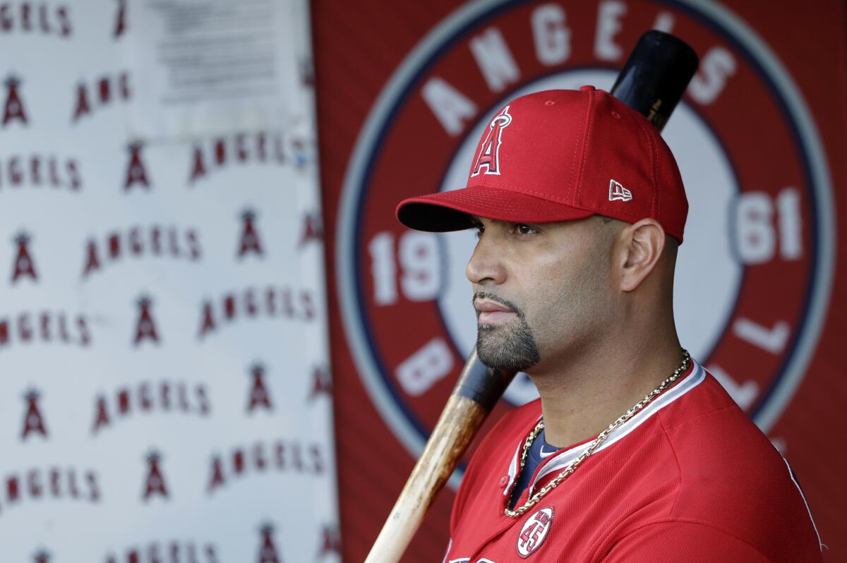 Angels' Albert Pujols holds a bat in the dugout before the start of a game.