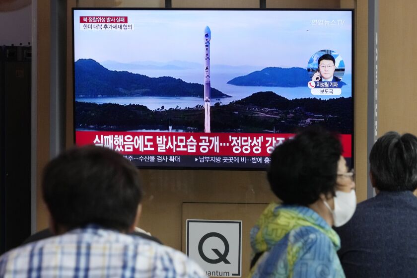 FILE - A TV screen shows an image of North Korea's rocket launch during a news program at the Seoul Railway Station in Seoul, South Korea, on June 1, 2023. The United States and its allies clashed with Russia and China on Friday, June, 2, over North Korea’s failed launch of a military spy satellite this week in violation of multiple U.N. Security Council resolutions, which Moscow and Beijing refused to condemn.(AP Photo/Ahn Young-joon)