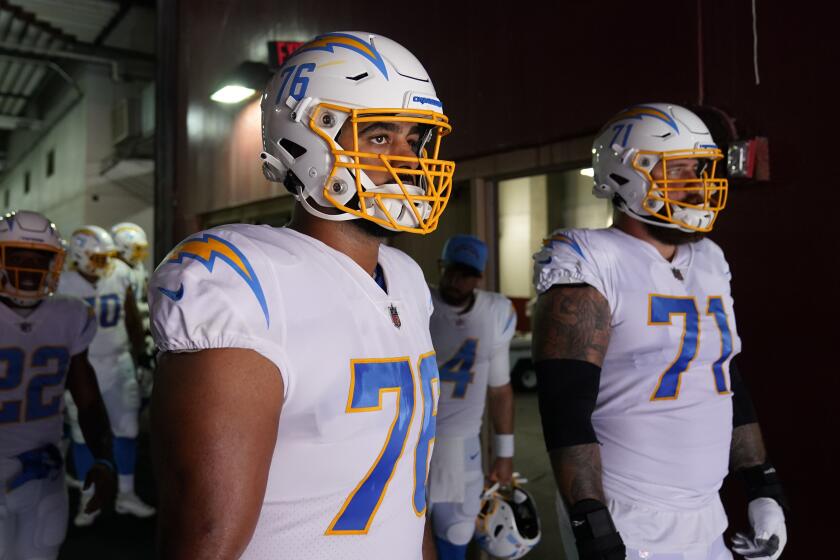 Los Angeles Chargers offensive guard Oday Aboushi (76) and offensive guard Matt Feiler.
