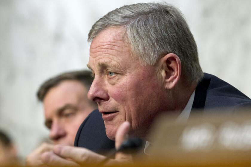 FILE - In this Jan. 29, 2019, file photo, Senate Intelligence Committee Chairman Sen. Richard Burr, R-N.C. speaks during a Senate Intelligence Committee hearing on Capitol Hill in Washington.Retiring House and Senate Republicans are a natural group to watch for defectors as Democrats’ impeachment inquiry of President Donald Trump builds steam. (AP Photo/Jose Luis Magana, File)