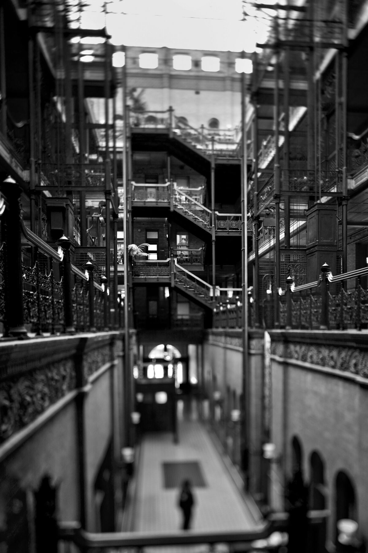 A view of the ironwork and open space inside the Bradbury Building in downtown Los Angeles